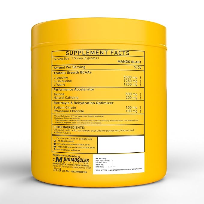 BIG MUSCLES NUTRITION BCAA ENERGY MANGO BLAST 180GM