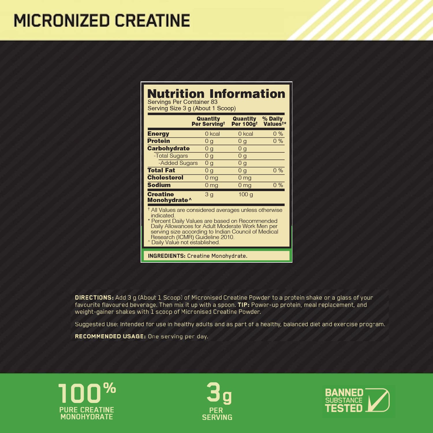 OPTIMUM NUTRITION MONOHYDRATE CREATINE 250GM