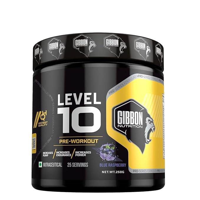 GIBBON NUTRITION LEVEL 10 PRE-WORKOUT BLUE RASPBERRY 250GM