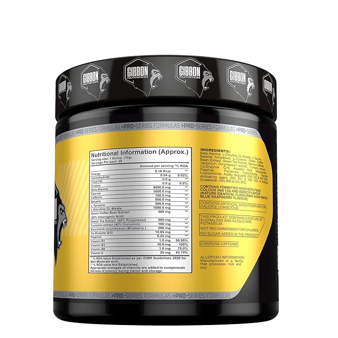 GIBBON NUTRITION LEVEL 10 PRE-WORKOUT BLUE RASPBERRY 250GM