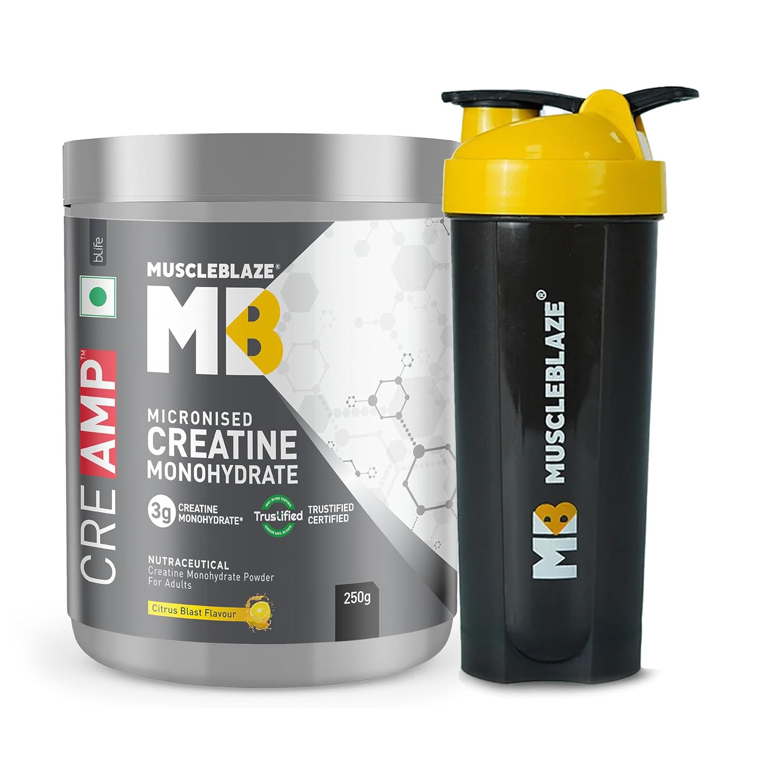 MUSCLEBLAZE CREATINE MONOHYDRATE CREAMP 250GM CITRUS BLAST WITH MUSCLEBLAZE CYCLONE SHAKER BLACK 700