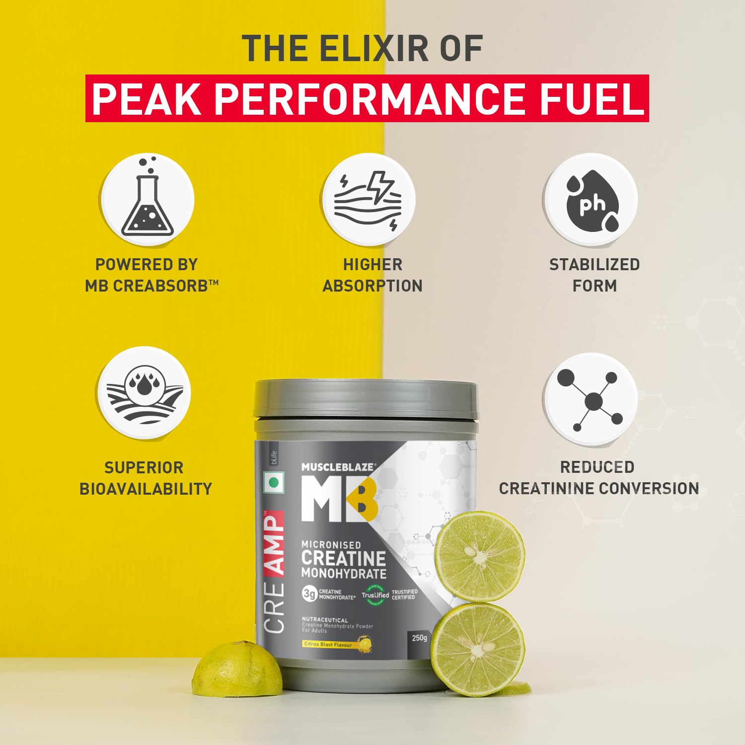MUSCLEBLAZE CREATINE MONOHYDRATE CREAMP 250GM CITRUS BLAST WITH MUSCLEBLAZE CYCLONE SHAKER BLACK 700