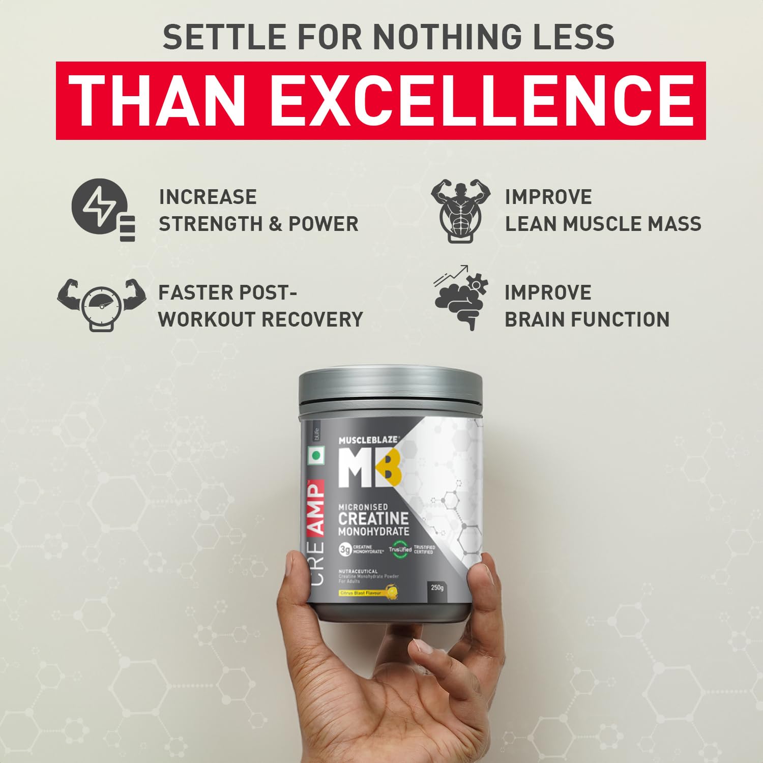 MUSCLEBLAZE CREATINE MONOHYDRATE CREAMP 250GM CITRUS BLAST WITH MUSCLEBLAZE CYCLONE SHAKER BLACK 700