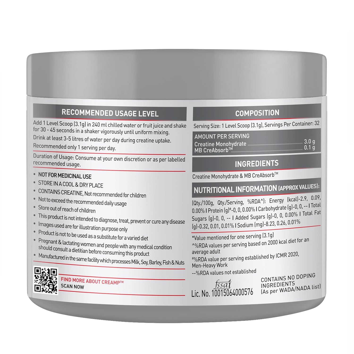 MUSCLEBLAZE CREATINE MONOHYDRATE CREAMP UNFLAVORED 0.22LB