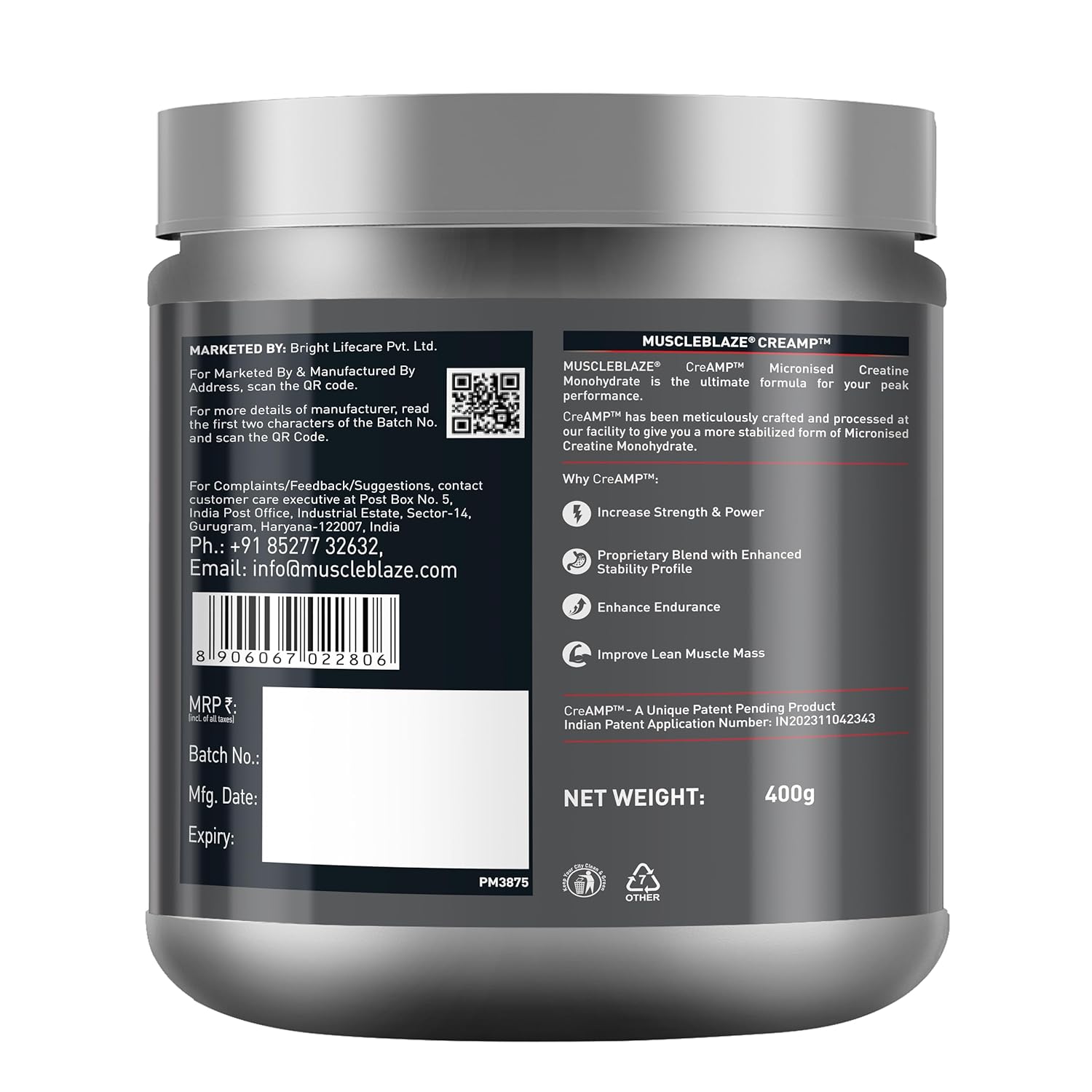 MUSCLEBLAZE CREATINE MONOHYDRATE CREAMP UNFLAVORED 0.88LB
