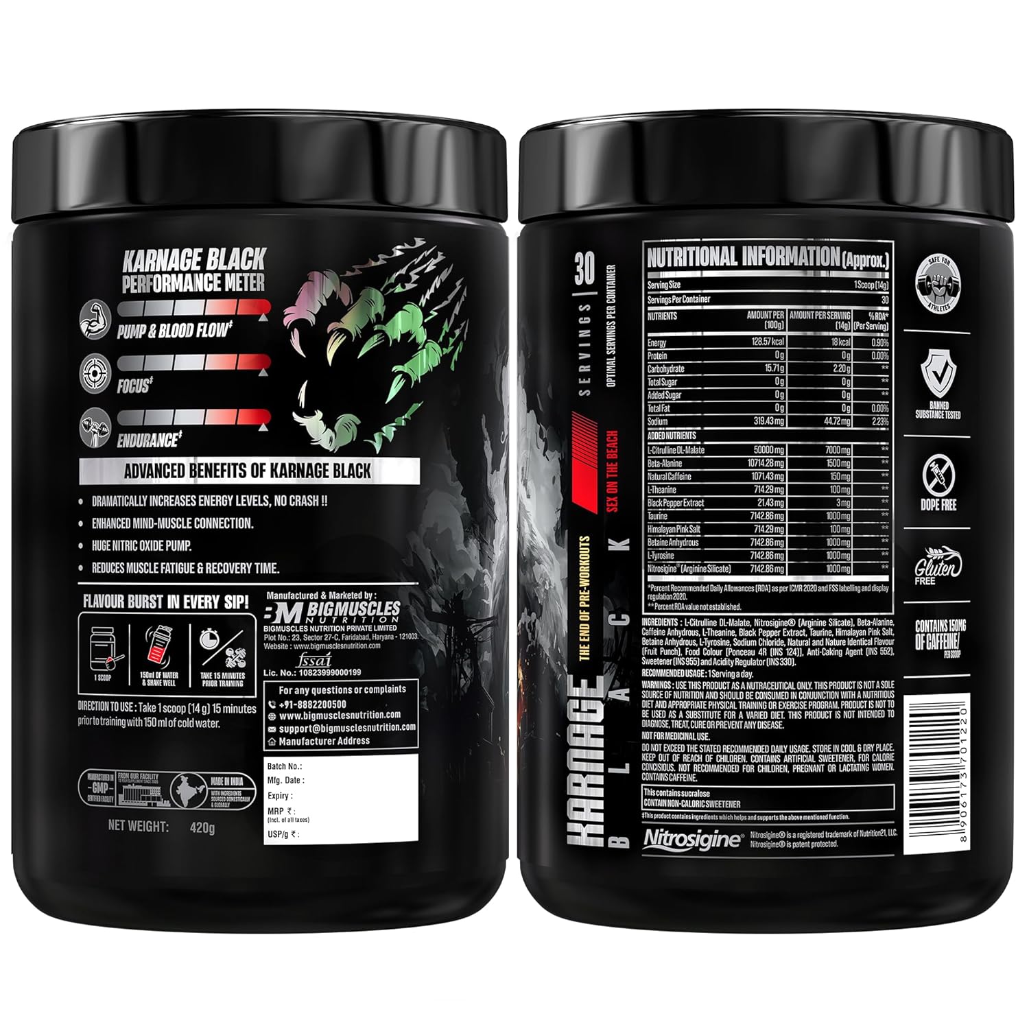 BIG MUSCLES KARNAGE BLACK PRE-WORKOUT TIGER BLOOD 30SERVINGS