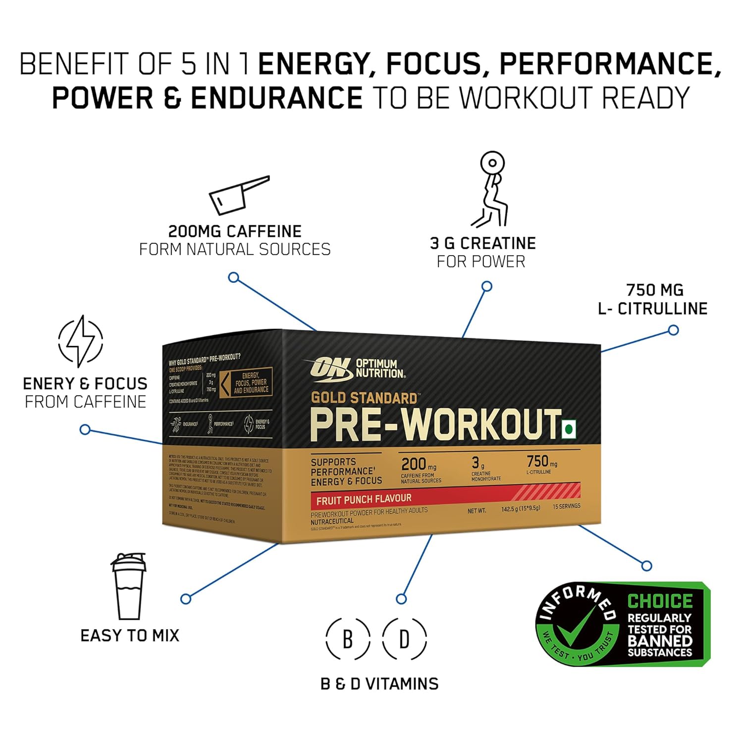 OPTIMUM NUTRITION GOLD STANDARD GS PRE-WORKOUT FRUIT PUNCH PACK OF 15