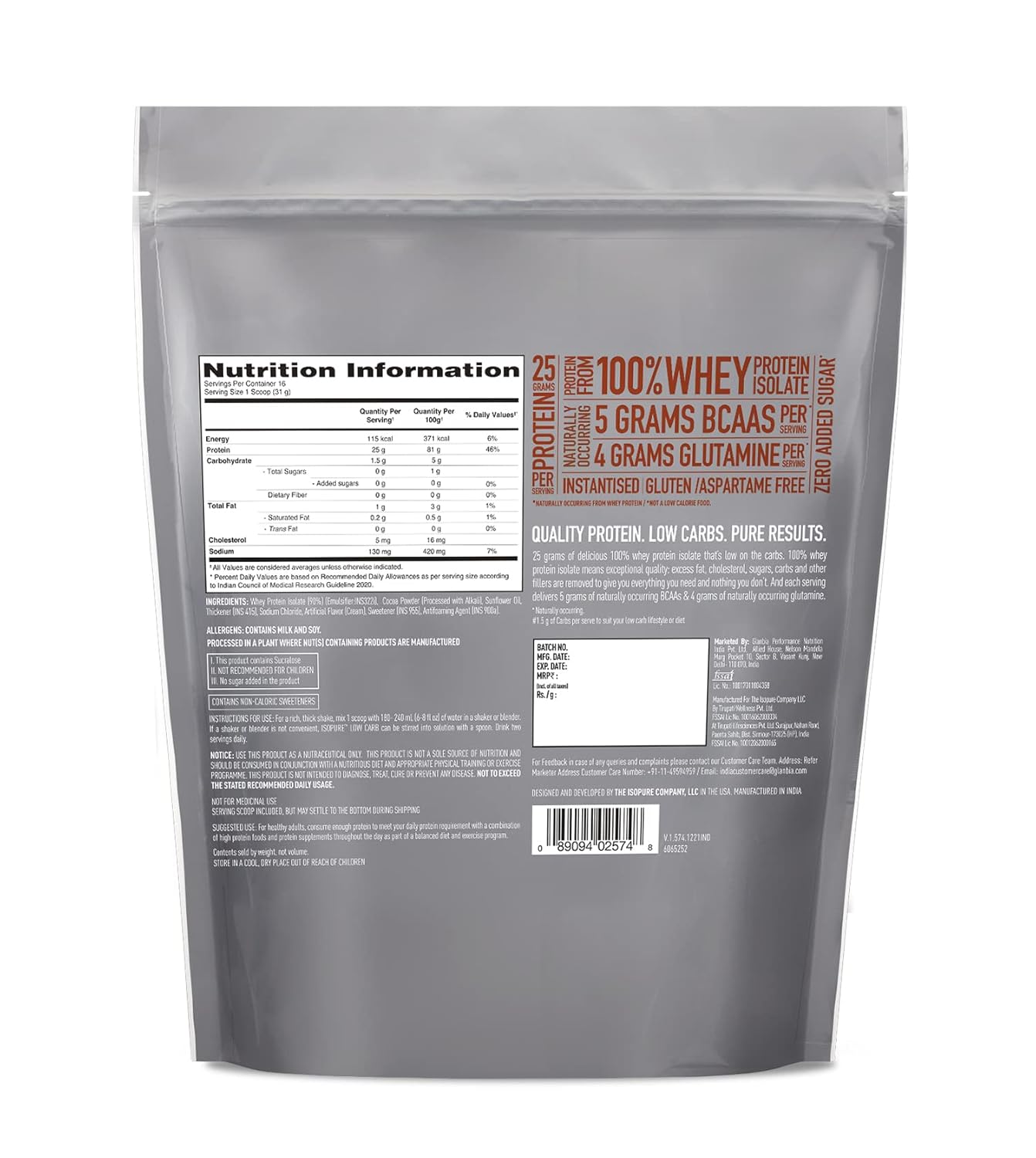 ISOPURE LOW CARB WHEY PROTEIN ISOLATE POWDER DUTCH CHOCOLATE 500GM