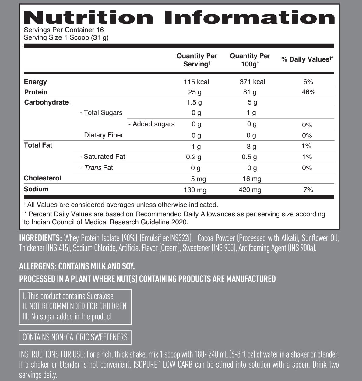 ISOPURE LOW CARB WHEY PROTEIN ISOLATE POWDER DUTCH CHOCOLATE 500GM