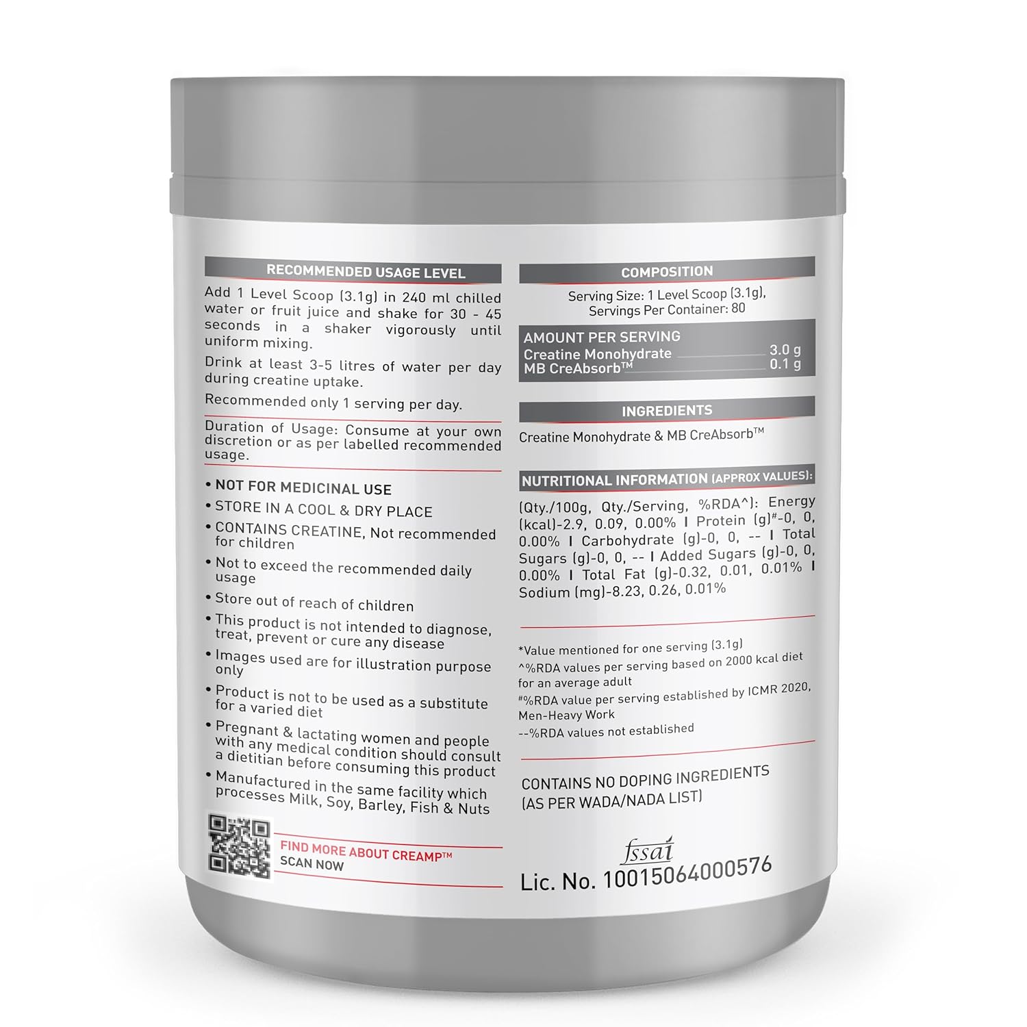 MUSCLEBLAZE CREATINE MONOHYDRATE CREAMP UNFLAVORED NEW 0.55LB
