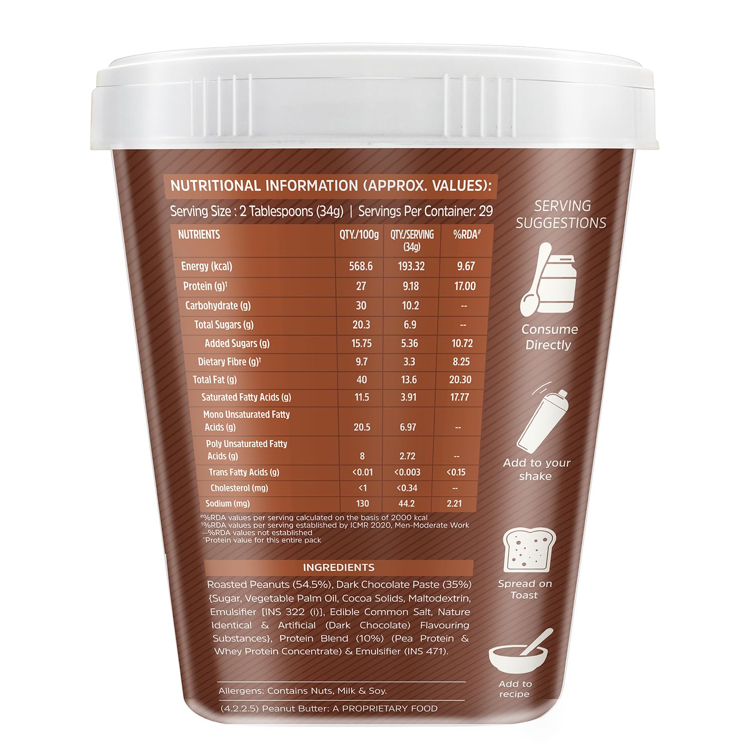 MUSCLEBLAZE HIGH PROTEIN NATURAL PEANUT BUTTER UNSWEETENED 1KG DARK CHOCOLATE CRUNCHY