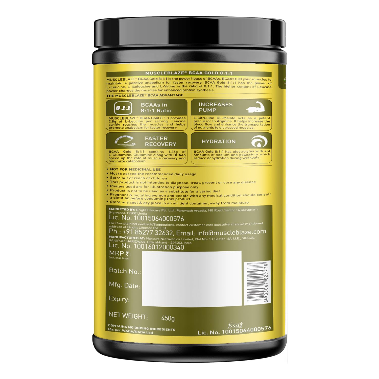 MUSCLEBLAZE BCAA GOLD 8:1:1 WATERMELON 450GM