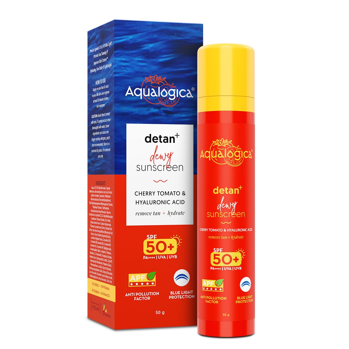 AQUALOGICA DETAN+DEWY SUNSCREEN SPF50+ PA++++ WITH CHERRY TOMATO & HYALURONIC ACID 50GM