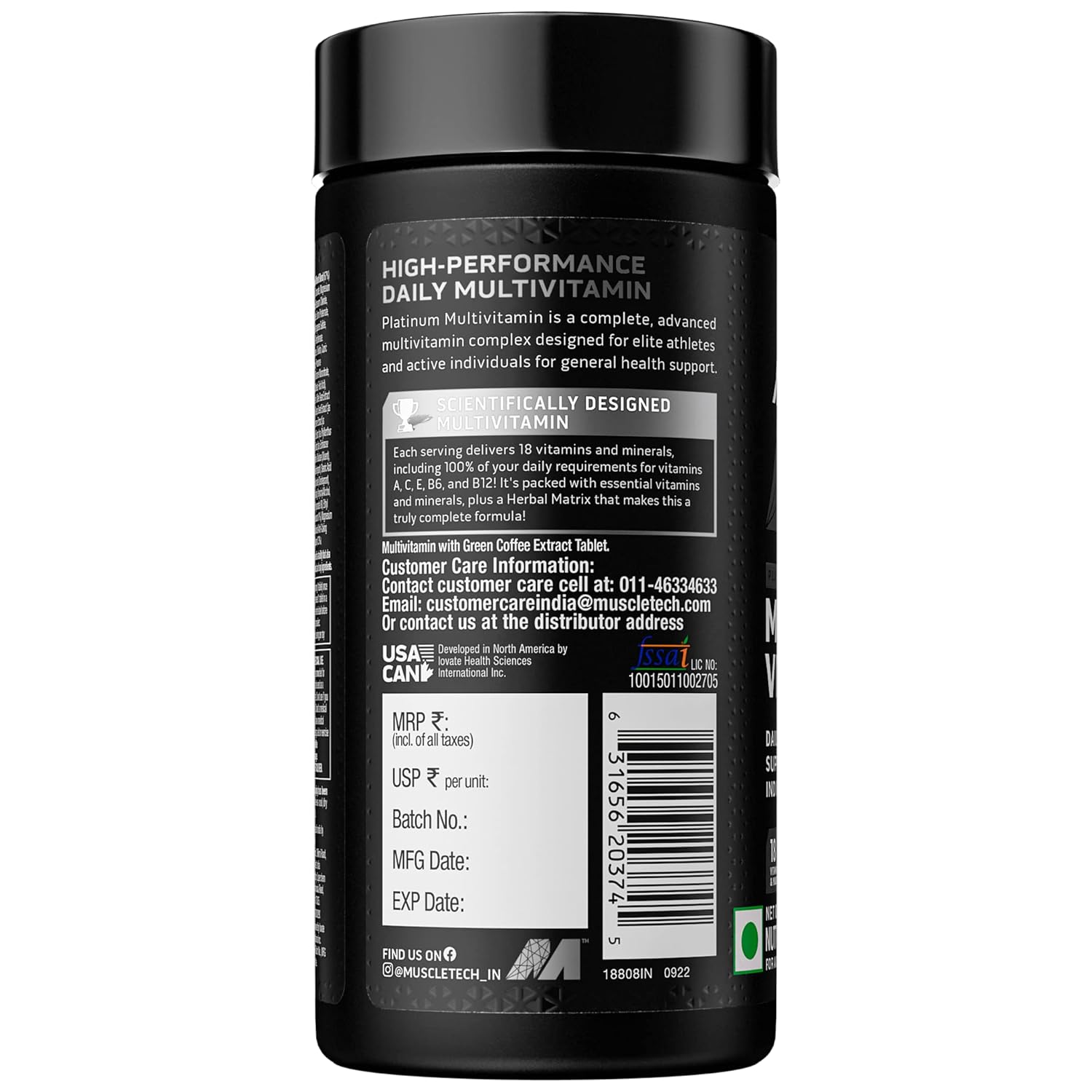 MUSCLETECH PLATINUM MULTIVITAMIN VITAMIN C FOR IMMUNE SUPPORT 18 VITAMINS & MINERALS 60 TABLETS