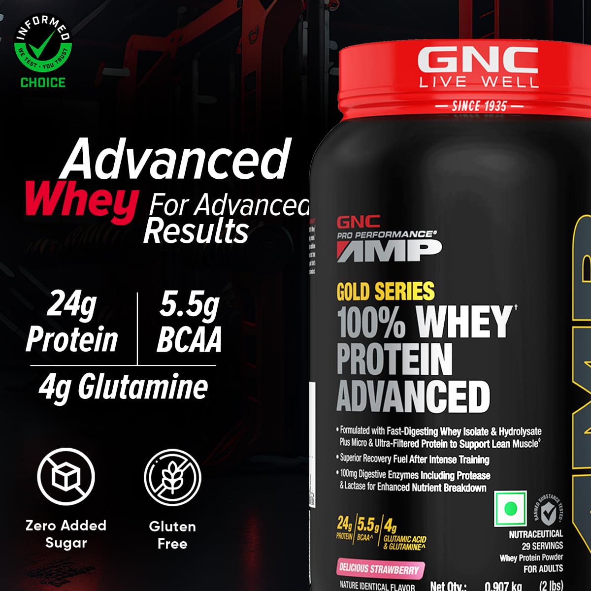 GNC AMP GOLD SERIES WHEY PROTEIN ADVANCED 24G PROTEIN | 5.5G BCAA DELICIOUS STRAWBERRY 2LBS