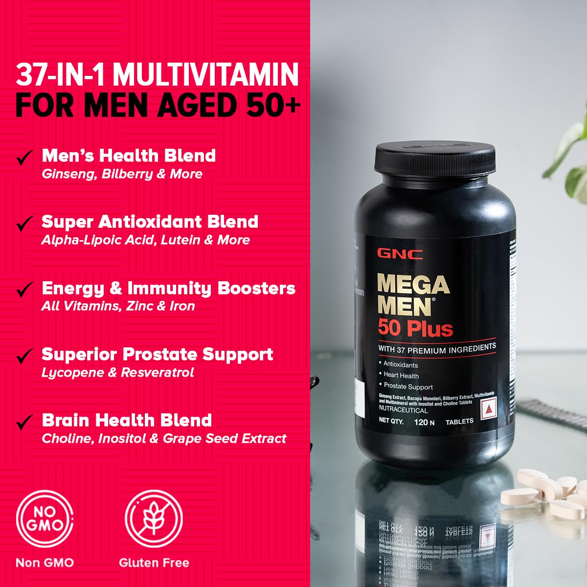 GNC MEGA MEN 50 PLUS MULTIVITAMIN 37 PREMIUM INGREDIENTS PROMOTES PROSTATE HEALTH 120 TABLETS
