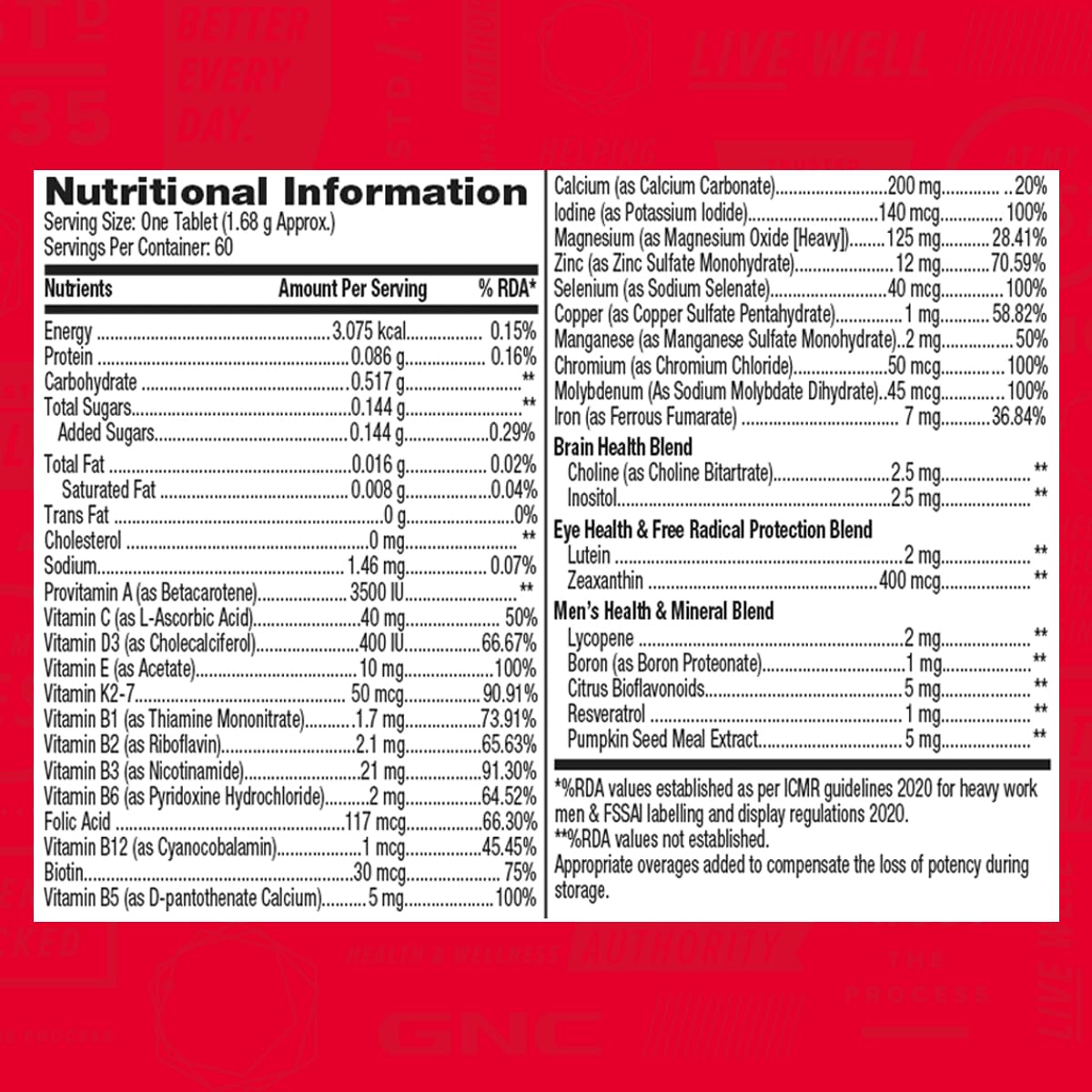 GNC MEGA MEN ONE DAILY MULTIVITAMIN 32 PREMIUM INGREDIENTS 60 TABLETS