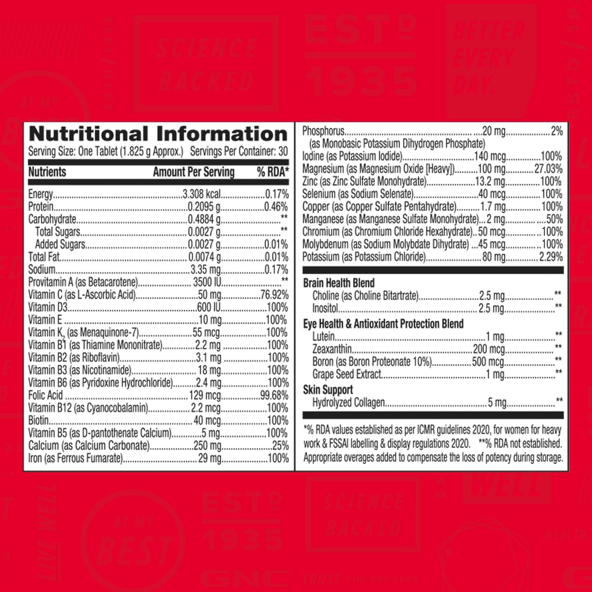 GNC WOMEN'S ONE DAILY MULTIVITAMIN WITH VITAMIN C, BIOTIN, COLLAGEN & ANTIOXIDANTS 30 TABLETS