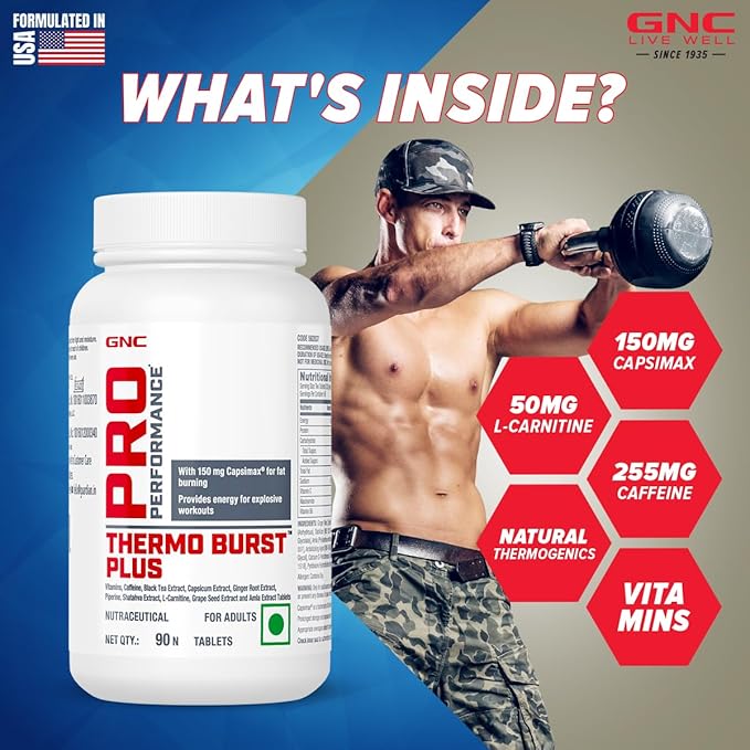 GNC PRO PERFORMANCE THERMO BURST PLUS WITH CAPSIMAX BURNS STORED FATS 90 TABLETS