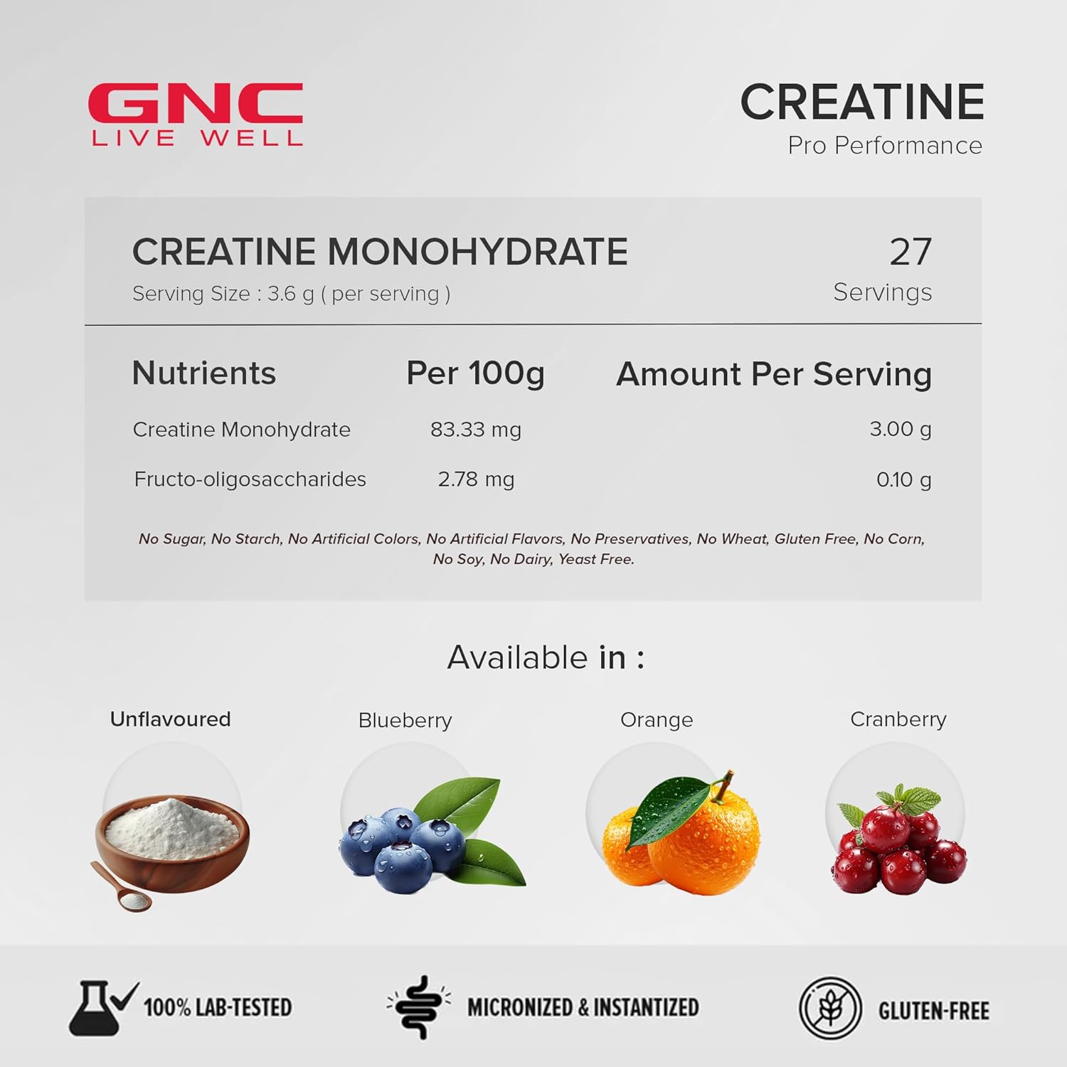 GNC PRO PERFORMANCE CREATINE MONOHYDRATE - 3000MG CREATINE PER SCOOP 100GM
