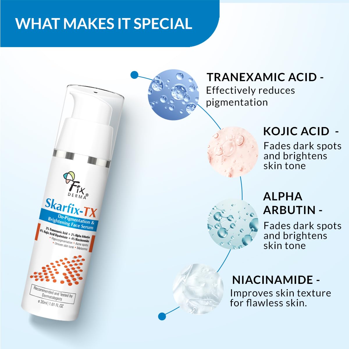 FIXDERMA SKARFIX-TX FACE SERUM TREATS HYPER PIGMENTATION & MELASMA REDUCE ACNE SPOTS 30ML