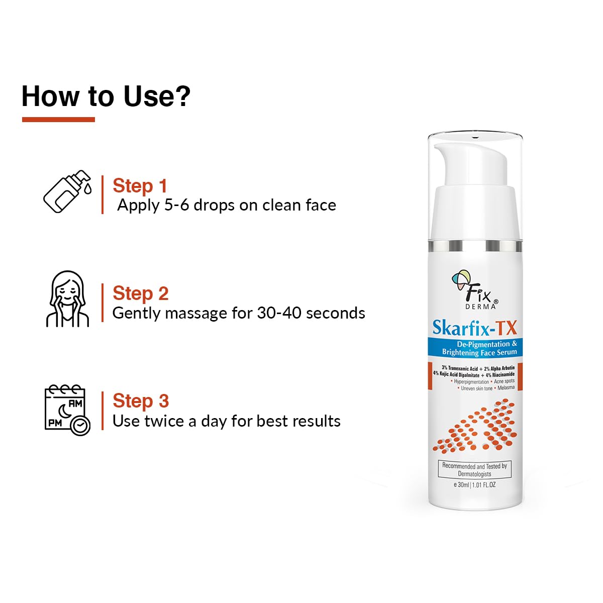 FIXDERMA SKARFIX-TX FACE SERUM TREATS HYPER PIGMENTATION & MELASMA REDUCE ACNE SPOTS 30ML