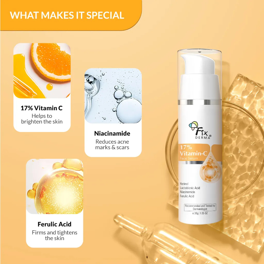 FIXDERMA 17% VITAMIN C FACE SERUM QUICK ABSORBING SERUM FOR BRIGHT & EVEN TONED SKIN 30GM