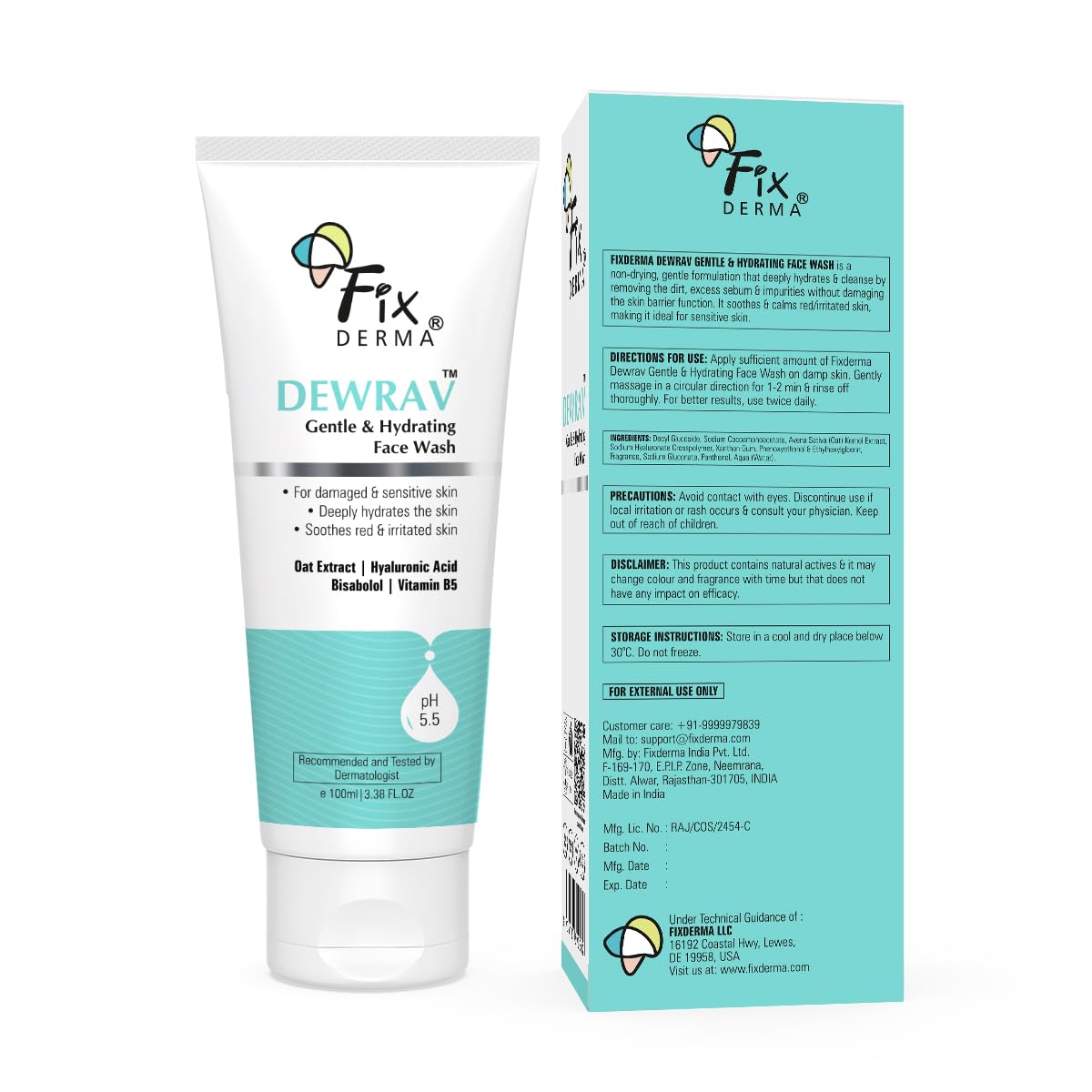 FIXDERMA DEWRAV GENTLE & HYDRATING FACE WASH FACE CLEANSER FOR SENSITIVE, DRY TO NORMAL 100ML