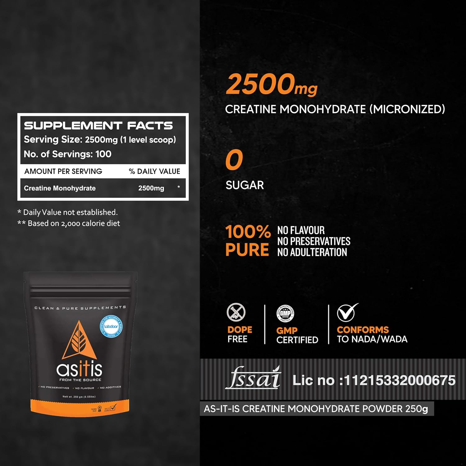 AS-IT-IS NUTRITION 100% CREATINE MONOHYDRATE, PURE 2.5G MICRONIZED POWDER UNFLAVOURED 250GM