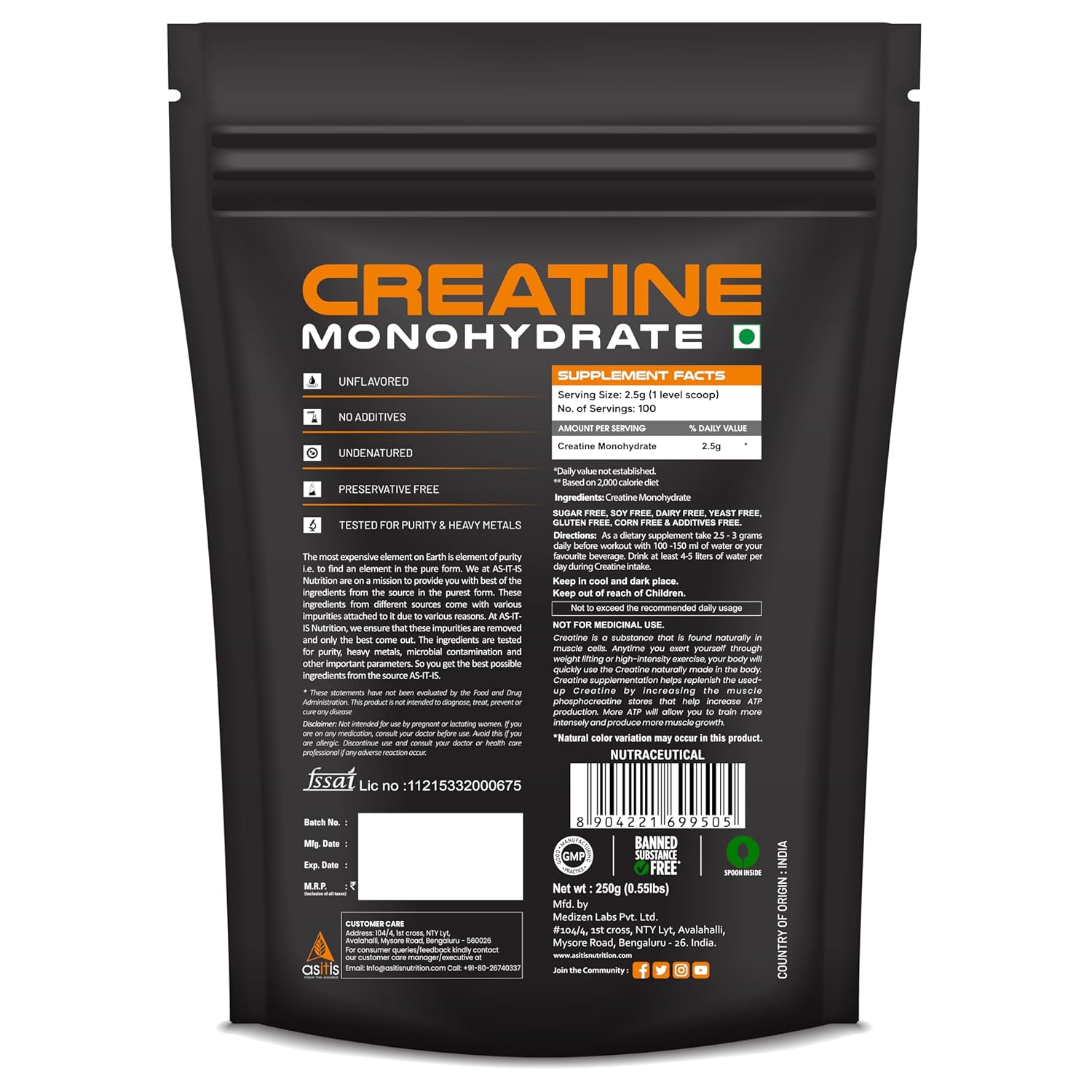AS-IT-IS NUTRITION 100% CREATINE MONOHYDRATE, PURE 2.5G MICRONIZED POWDER UNFLAVOURED 250GM