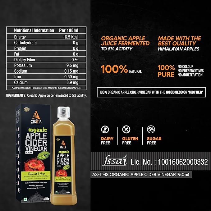 AS-IT-IS ORGANIC APPLE CIDER VINEGAR WITH MOTHER RAW, UNDILUTED, UNPASTEURIZED, UNFILTERED 750ML