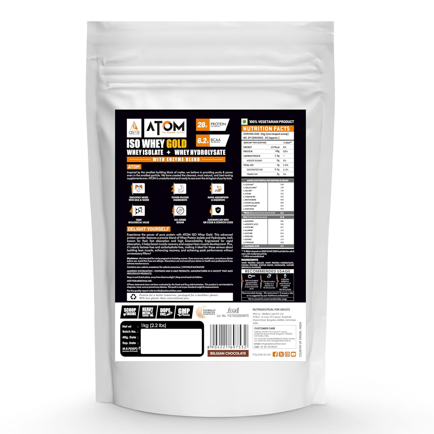 AS-IT-IS ATOM ISOLATE WHEY GOLD WHEY PROTEIN PREVENTS MUSCLE LOSS FASTER RECOVERY CHCOLATE 1KG