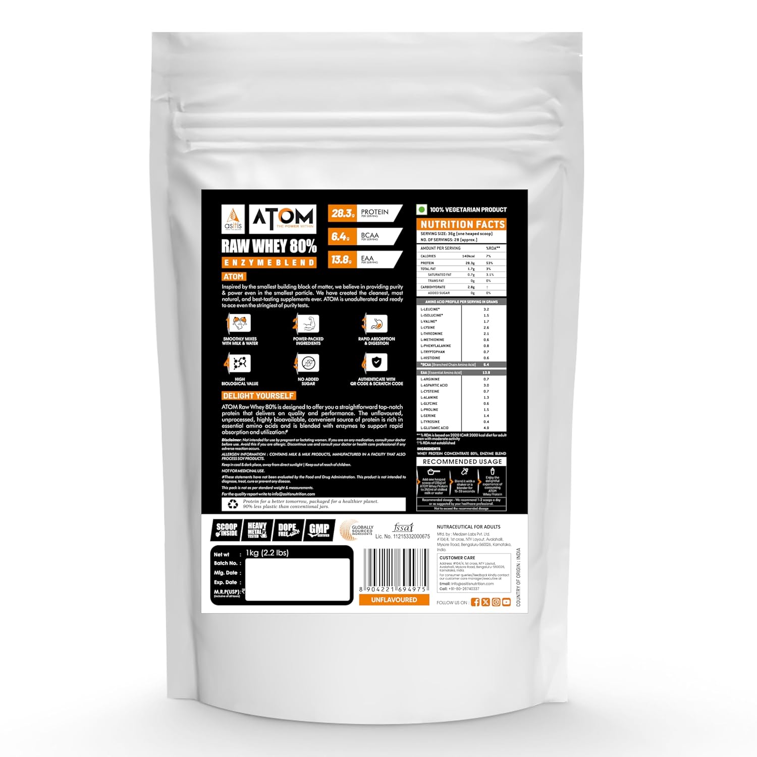 AS-IT-IS ATOM RAW WHEY PROTEIN WITH ENZYMES USA LABDOOR CERTIFIED UNFLAVOURED 1KG