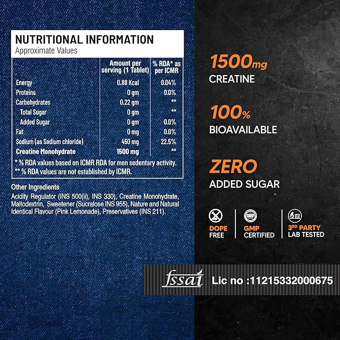 AS-IT-IS ATOM CREATINE MONOHYDRATE 1500MG PINK LEMONADE, BOOST MUSCLE POWER 20 TABLETS