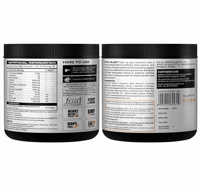 AS-IT-IS ATOM NUTRITION BLAST ADVANCED PRE-WORKOUT POWDER, COLA FLAVOUR 100GM