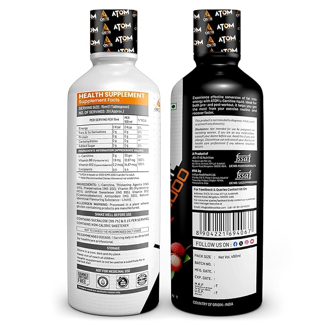 AS-IT-IS NUTRITION ATOM L- CARNITINE LIQUID HELPS CONVERT FAT INTO ENERGY LITCHI FLAVOUR 450ML