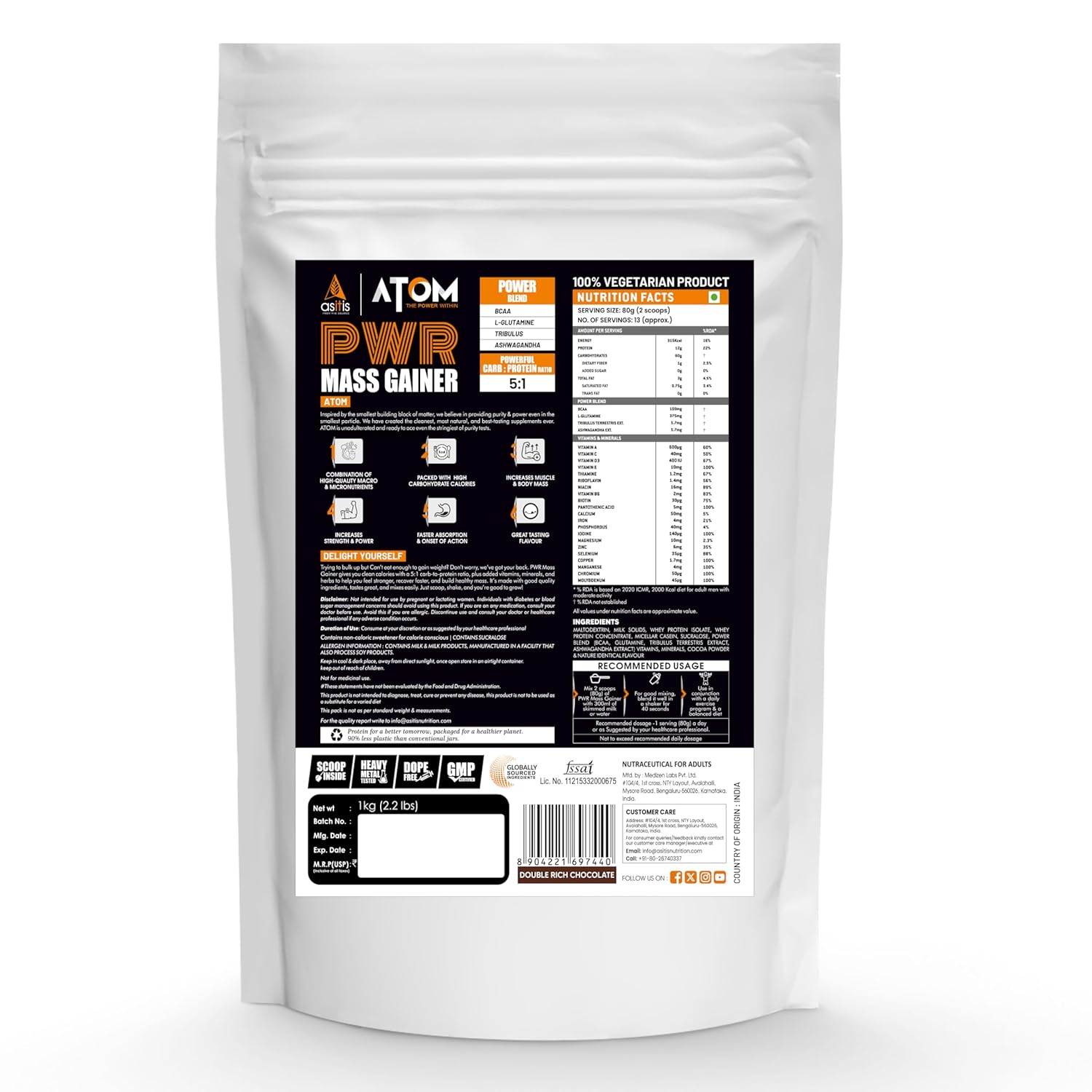 AS-IT-IS ATOM PWR MASS GAINER 5:1 CARB-PROTEIN RATIO DOUBLE RICH CHOCOLATE FLAVOUR 1KG