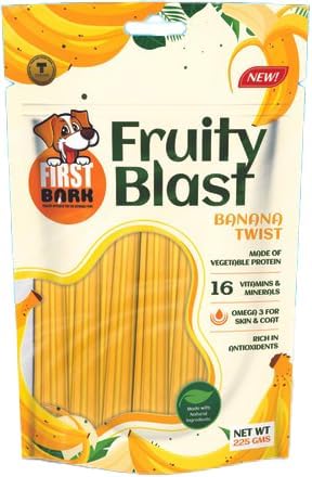 FIRST BARK FRUITY BLAST DOG TREAT BANANA TWIST 225GM