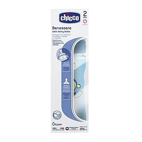 CHICCO WB COLOURED FEEDING BOTTLE 2M+ BLUE BOY 250ML