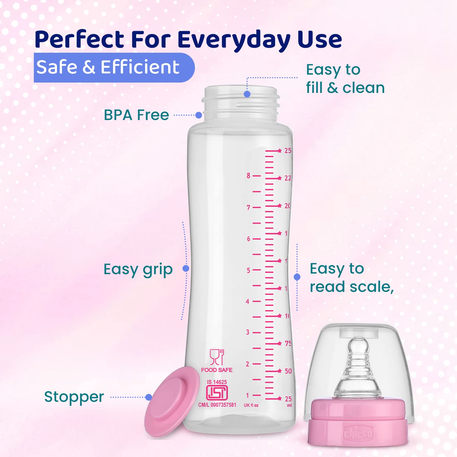 CHICCO WB GLASS MEDIUM FLOW FEED EASY BOTTEL 2M+ PINK 250ML