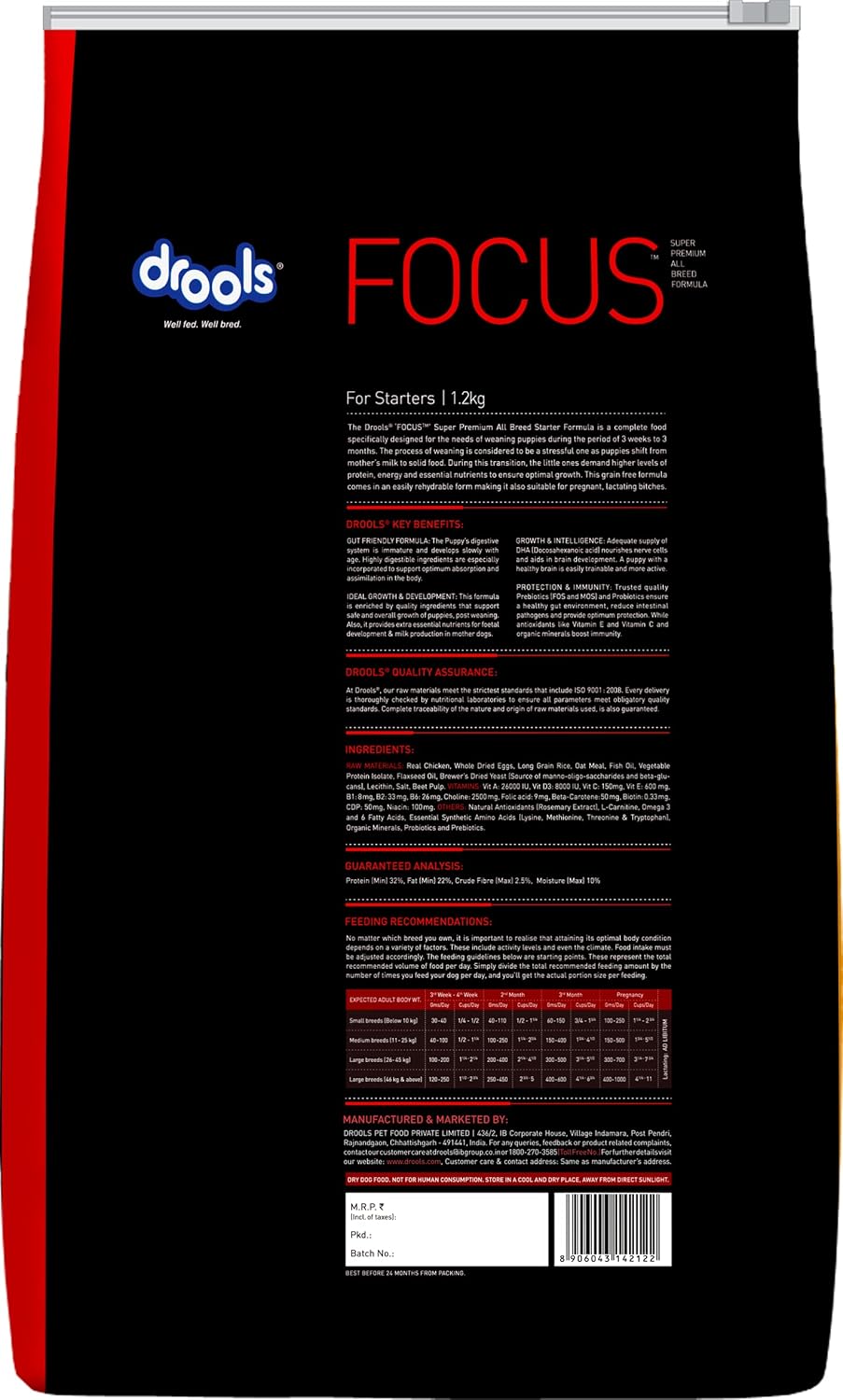 DROOLS FOCUS STARTER SUPER PREMIUM DRY DOG FOOD, CHICKEN FLAVOUR, 1.2KG