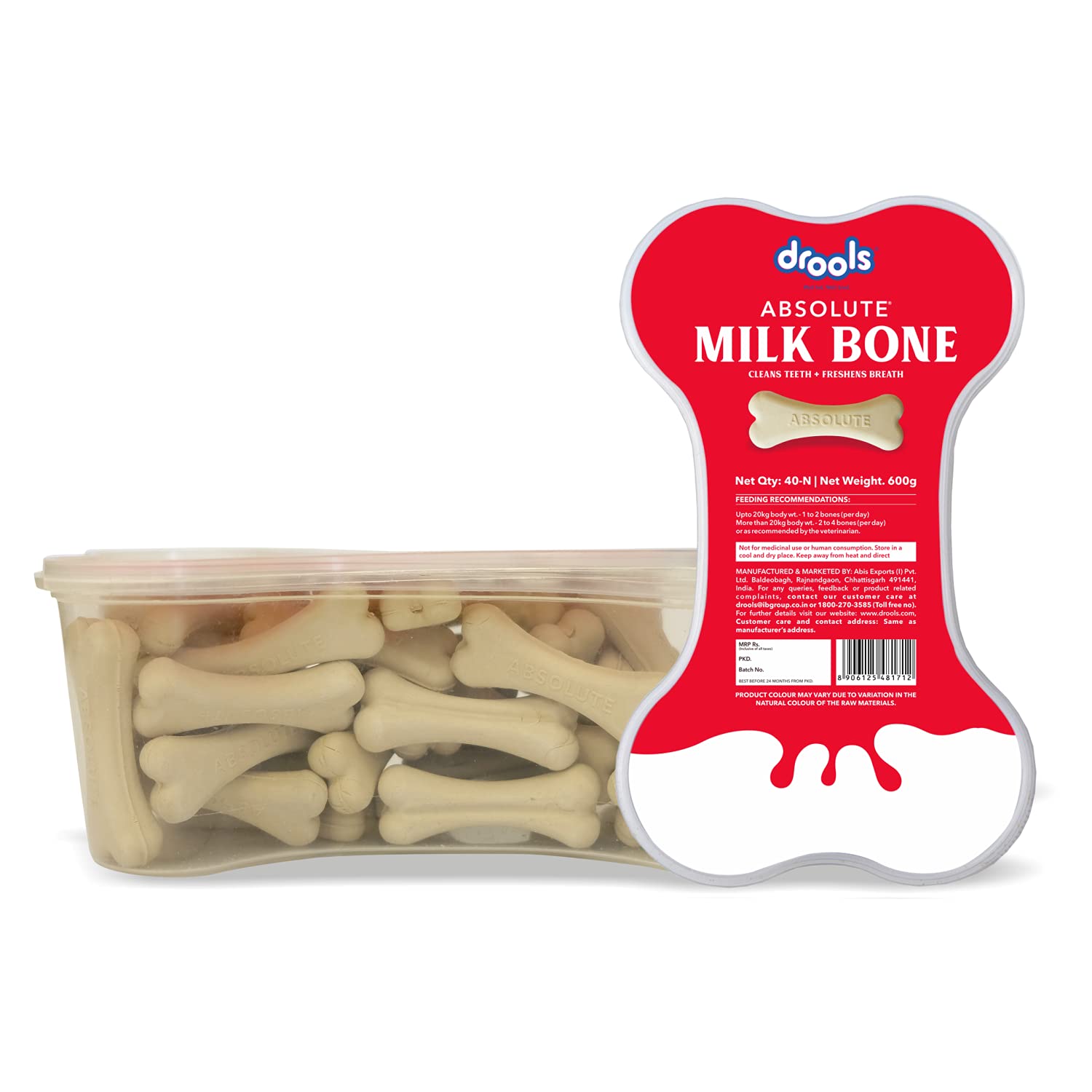 DROOLS ABSOLUTE DOG BONE TREATS, MILK FLAVOUR JAR, ALL LIFE STAGES 40 PEICES