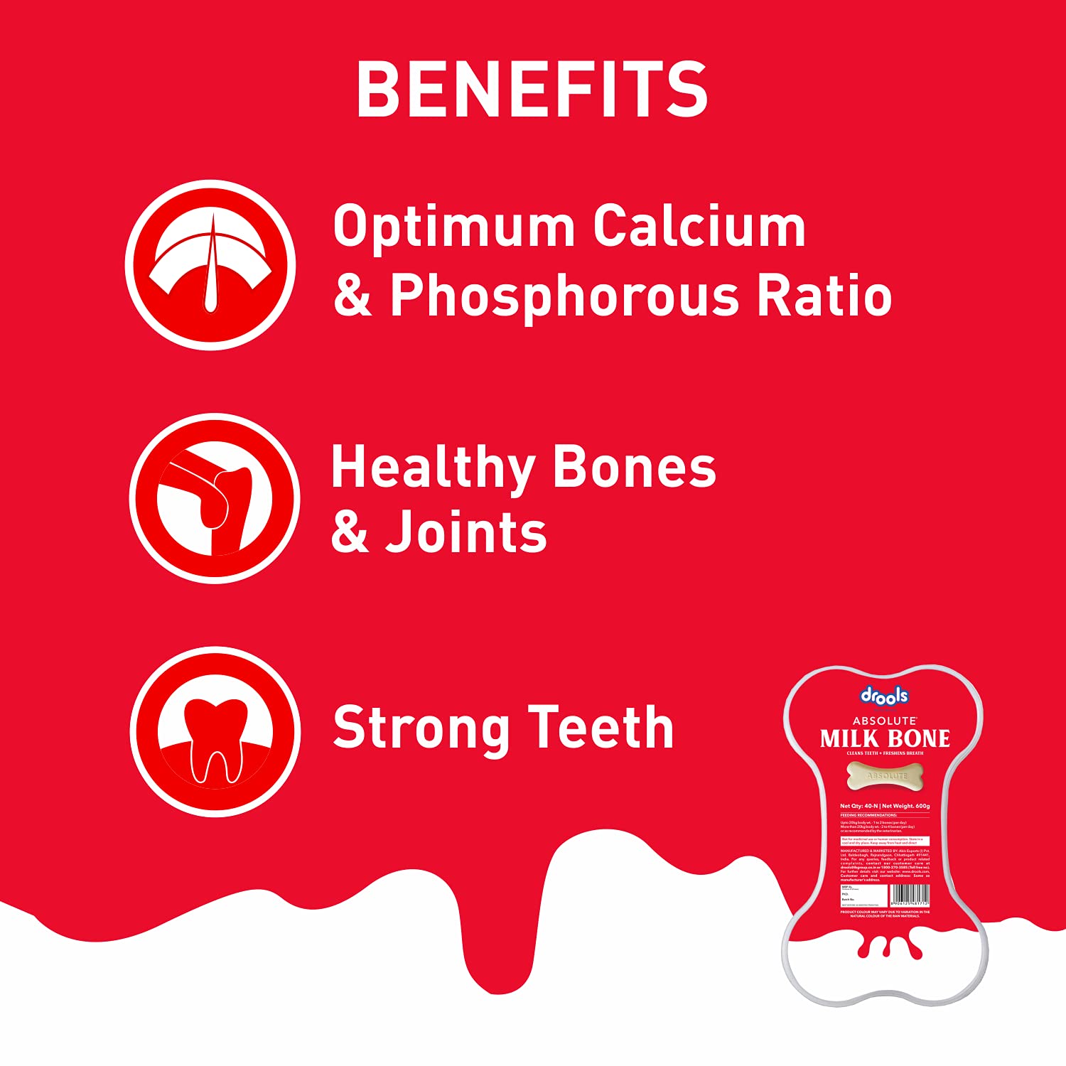DROOLS ABSOLUTE DOG BONE TREATS, MILK FLAVOUR JAR, ALL LIFE STAGES 40 PEICES