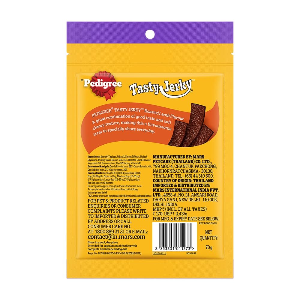 PEDIGREE TASTY JERKY ROASTED LAMB FLAVOUR DOG TREAT, JERKY-STYLE TREATS FOR BONDING 70GM