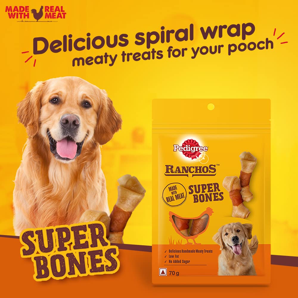 PEDIGREE RANCHOS SUPER BONES (1+ YEARS) ADULT DOG TREATS, CHICKEN & MILKY FLAVOUR, 70GM