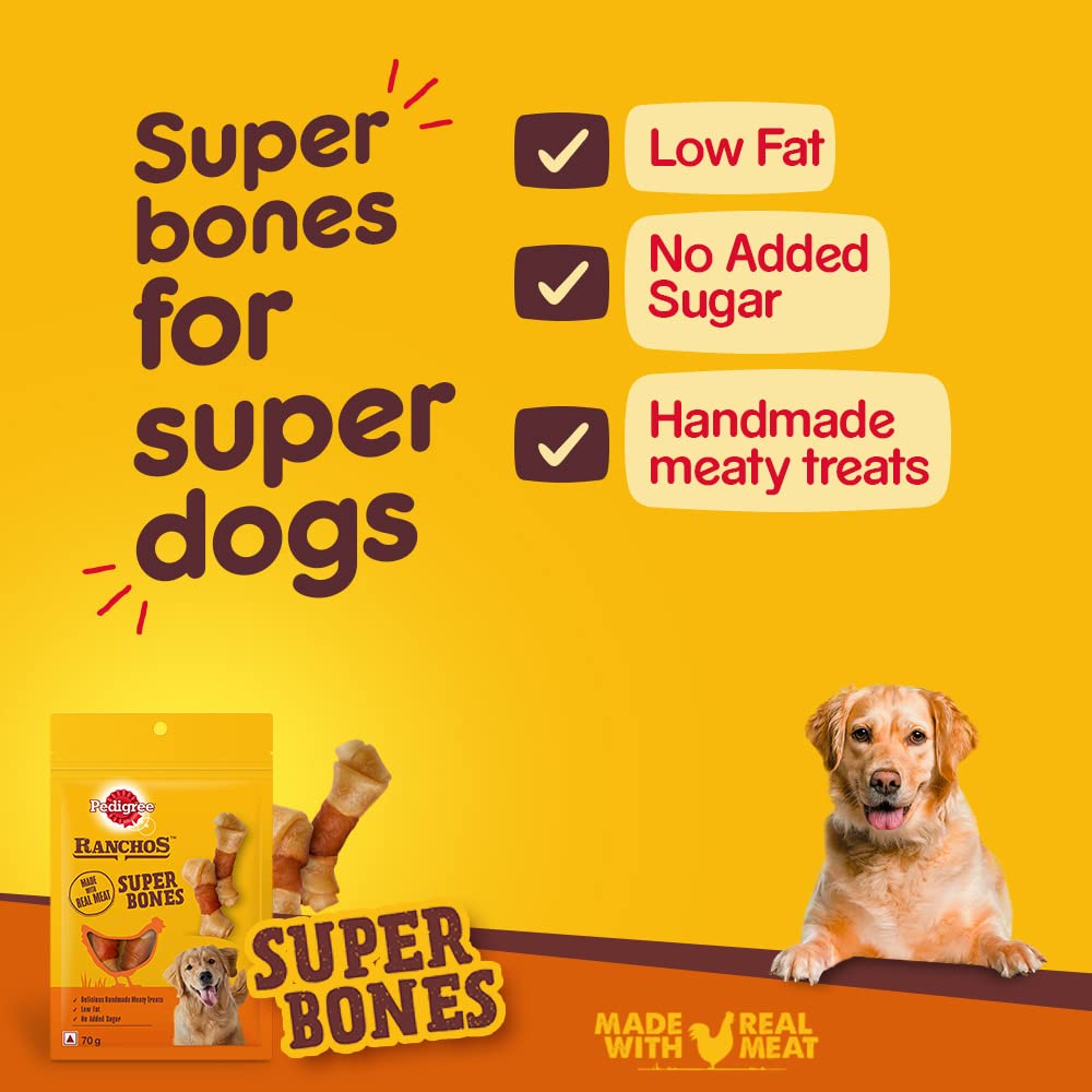 PEDIGREE RANCHOS SUPER BONES (1+ YEARS) ADULT DOG TREATS, CHICKEN & MILKY FLAVOUR, 70GM