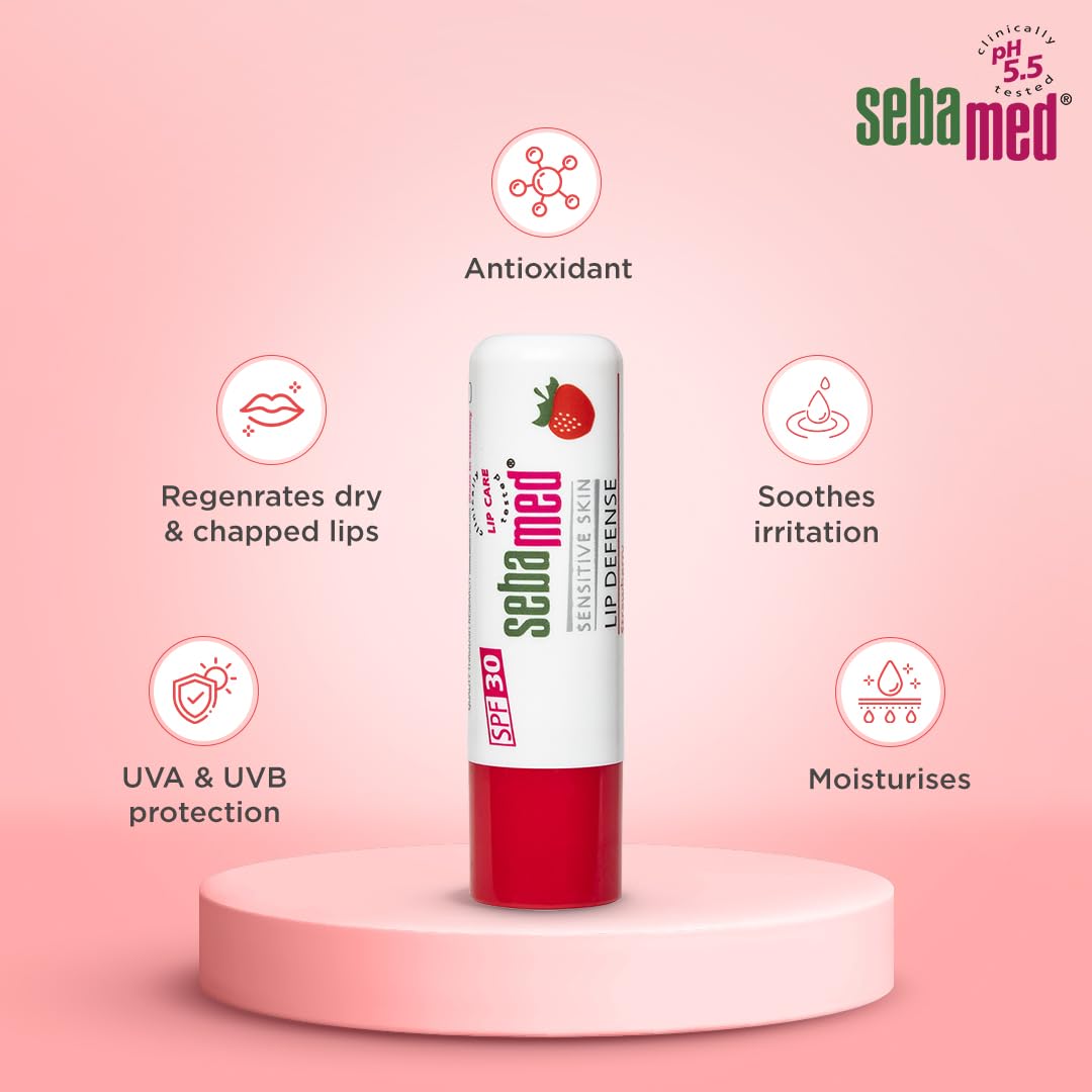 SEBAMED LIP DEFENSE LIP BALM WITH SPF 30 + VIT E | REGENERATES DRY, CHAPPED LIPS STRAWBERRY 4.8GM
