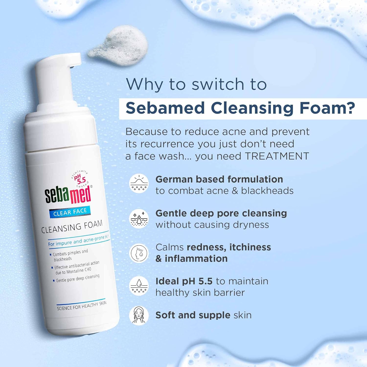 SEBAMED CLEAR FACE CLEANSING FOAM| PH 5.5 | COMBATS PIMPLES WITH MONTALINE C40 150ML