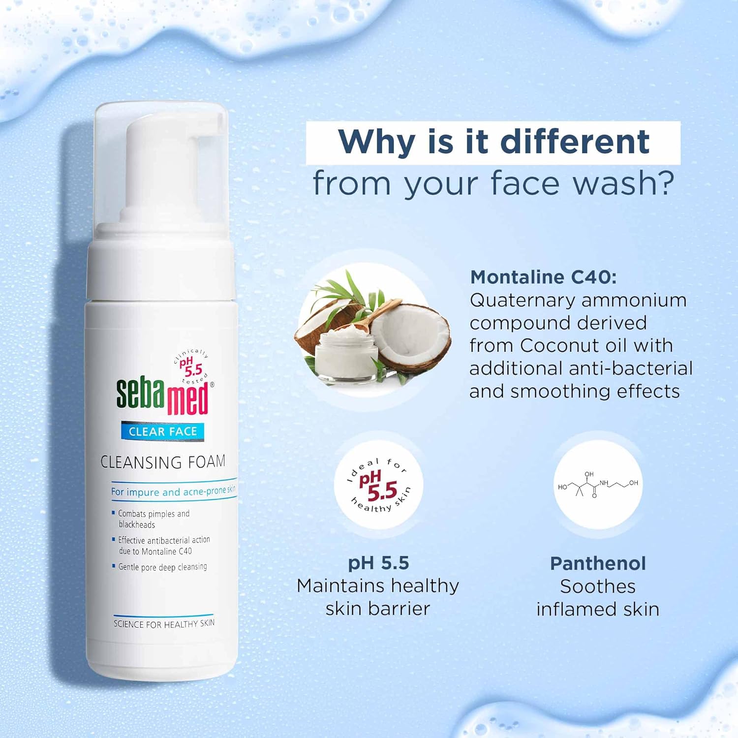 SEBAMED CLEAR FACE CLEANSING FOAM| PH 5.5 | COMBATS PIMPLES WITH MONTALINE C40 150ML