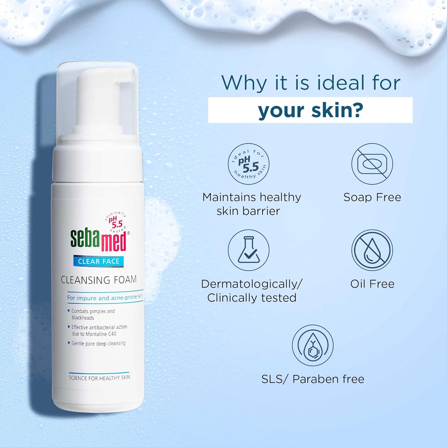 SEBAMED CLEAR FACE CLEANSING FOAM| PH 5.5 | COMBATS PIMPLES WITH MONTALINE C40 150ML